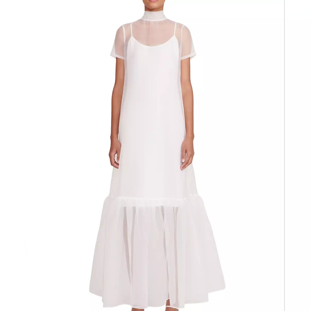 STAUD Calluna Organza Bow Back High Neck Maxi Gown Dress In White Size M